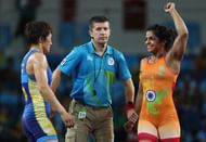 RIO DE JANEIRO, BRAZIL - AUGUST 17:  Sakshi Malik of India celebrates after defeating Aisuluu Tynybekova of Kyrgyzstan during the Women's Freestyle 58 kg Bronze match on Day 12 of the Rio 2016 Olympic Games at Caioca Arena 2 on August 17, 2016 in Rio de Janeiro, Brazil.  (Photo by Lars Baron/Getty Images)